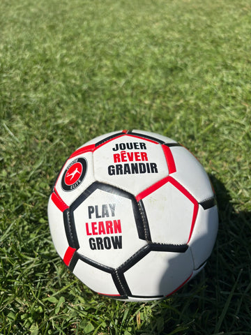 Close-up of the red, white and black Footie Elite soccer ball on grass